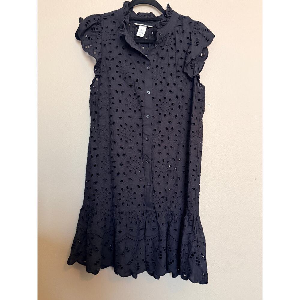 H&M Button Front Ruffle Hem Eyelet Lace Cap Sleeve Mini Dress Black XS - Picture 7 of 12